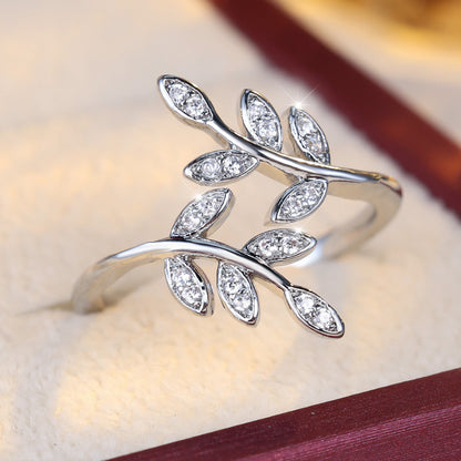 Elegant Leaf Open Ring For Women In Gold Copper With Zircon Inlay