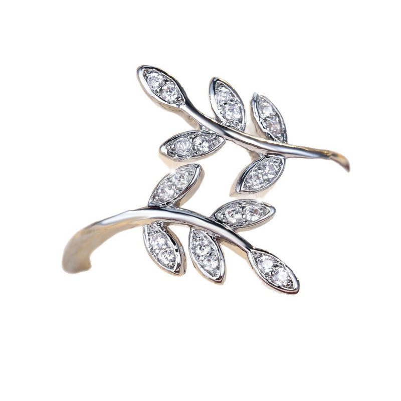 Elegant Leaf Open Ring For Women In Gold Copper With Zircon Inlay
