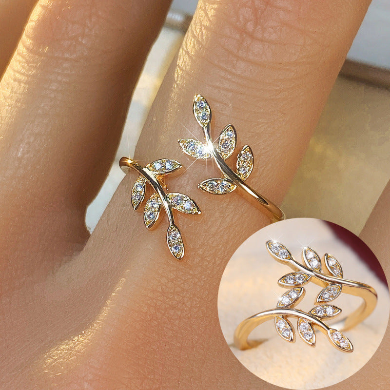 Elegant Leaf Open Ring For Women In Gold Copper With Zircon Inlay