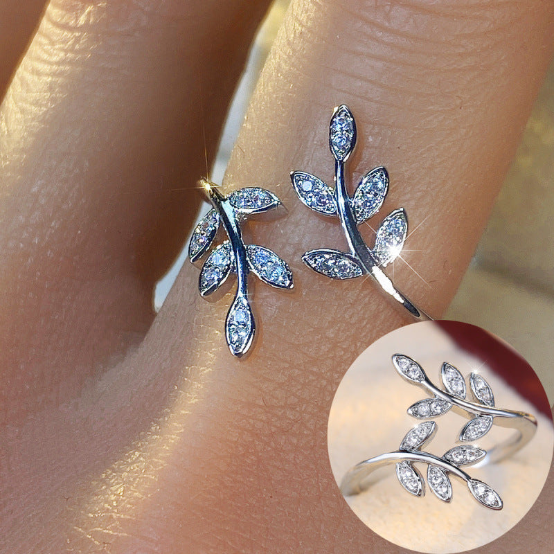 Elegant Leaf Open Ring For Women In Gold Copper With Zircon Inlay