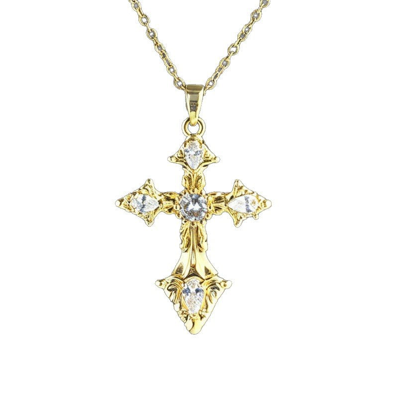 Gold Cross Necklace For Women With Copper Pendant And Zircon Inlay On Cable Chain