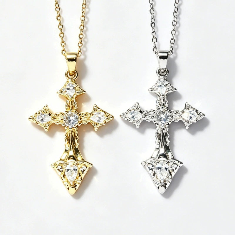 Gold Cross Necklace For Women With Copper Pendant And Zircon Inlay On Cable Chain