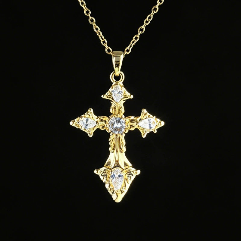 Gold Cross Necklace For Women With Copper Pendant And Zircon Inlay On Cable Chain