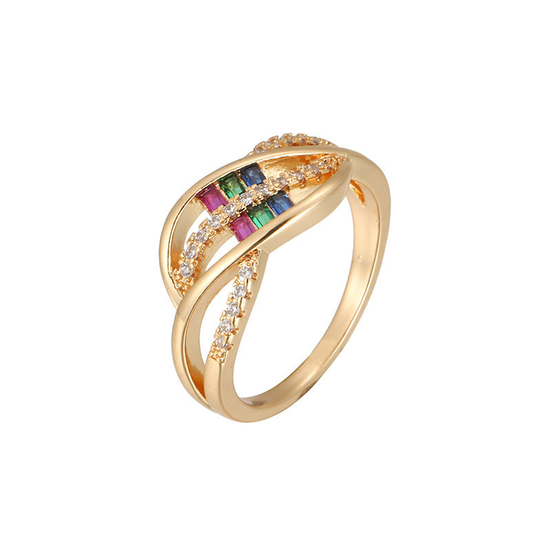 Sweet Geometric Open Rings For Women In Copper With Electroplated Gold Plating Featuring Moissanite Inlay