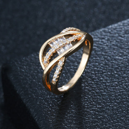 Sweet Geometric Open Rings For Women In Copper With Electroplated Gold Plating Featuring Moissanite Inlay