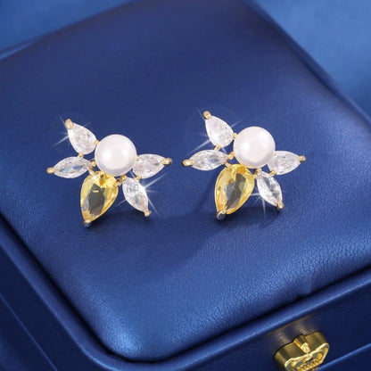 Geometric Stud Earrings For Women Featuring Electroplated Copper Posts And Zircon Inlay