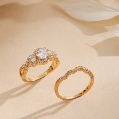 Women’s Leaf Pattern Rings In Gold Electroplated Copper, 2 Pieces Set