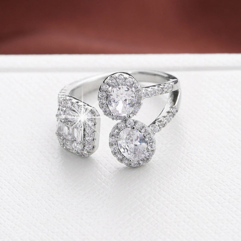 Round Open Ring For Women In Silver, Electroplated Copper With Zircon Inlay