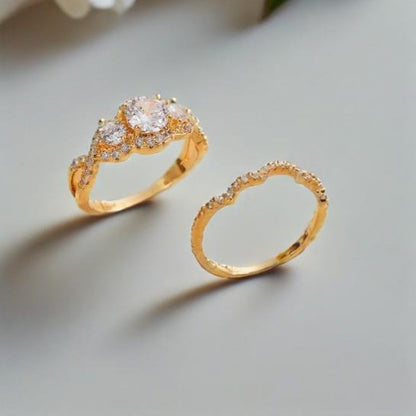 Women’s Leaf Pattern Rings In Gold Electroplated Copper, 2 Pieces Set