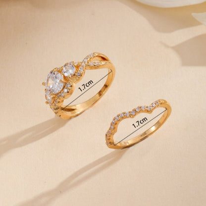Women’s Leaf Pattern Rings In Gold Electroplated Copper, 2 Pieces Set