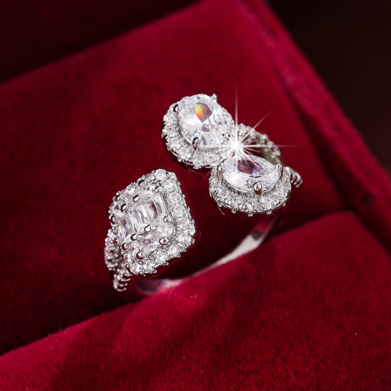 Round Open Ring For Women In Silver, Electroplated Copper With Zircon Inlay