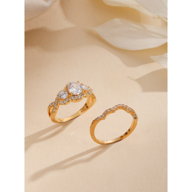 Women’s Leaf Pattern Rings In Gold Electroplated Copper, 2 Pieces Set