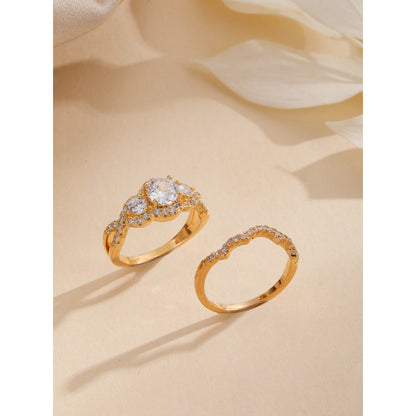Women’s Leaf Pattern Rings In Gold Electroplated Copper, 2 Pieces Set