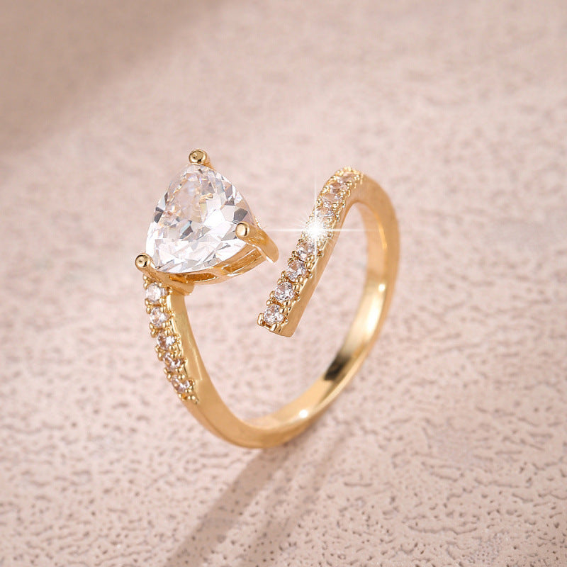Heart Shape Open Ring For Women In Simple Style, Copper With Real Gold Plated And Zircon Inlay