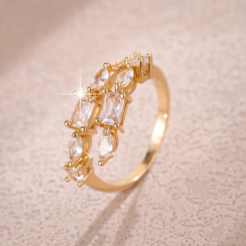 Women’s Open Rings With Leaves Pattern In Copper, Real Gold Plated, Featuring Zircon Inlay, Available In Gold