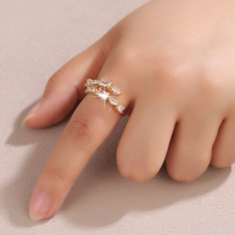 Women’s Open Rings With Leaves Pattern In Copper, Real Gold Plated, Featuring Zircon Inlay, Available In Gold