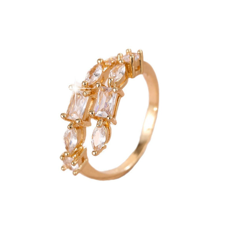 Women’s Open Rings With Leaves Pattern In Copper, Real Gold Plated, Featuring Zircon Inlay, Available In Gold