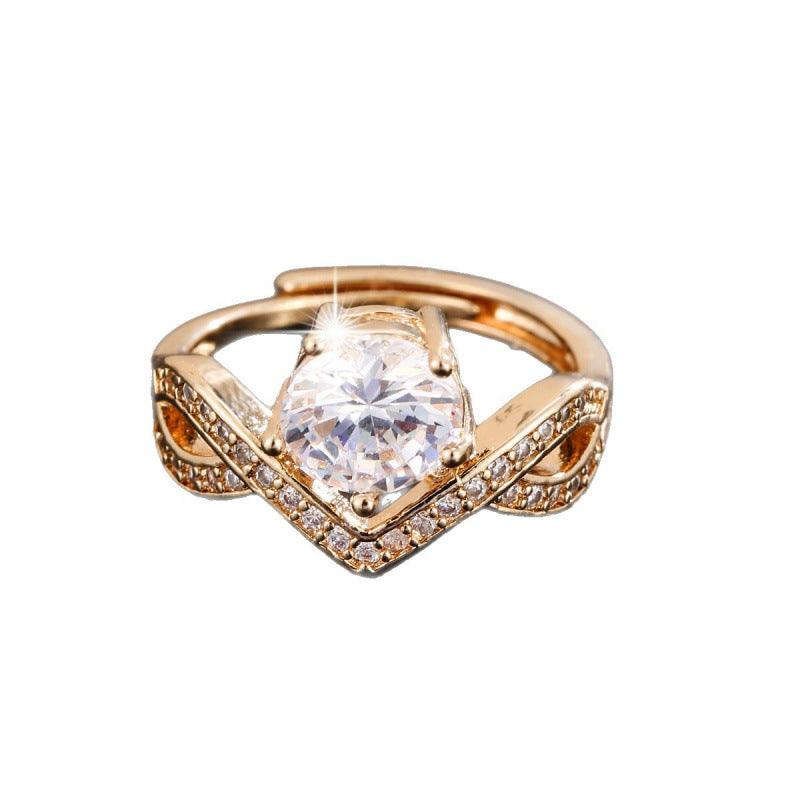 Women’s Crown Open Ring In Gold Electroplated Copper Featuring Zircon Inlay
