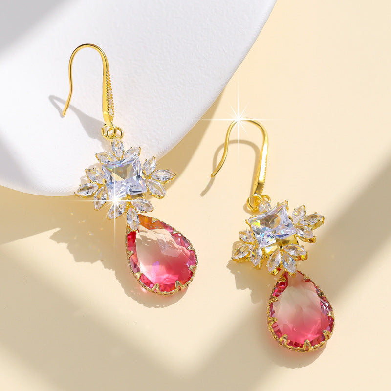 Sweet Water Droplets Drop Earrings For Women In Natural Pink Copper With Zircon Inlay Ear Hook