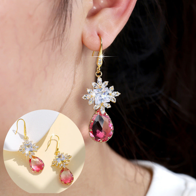 Sweet Water Droplets Drop Earrings For Women In Natural Pink Copper With Zircon Inlay Ear Hook