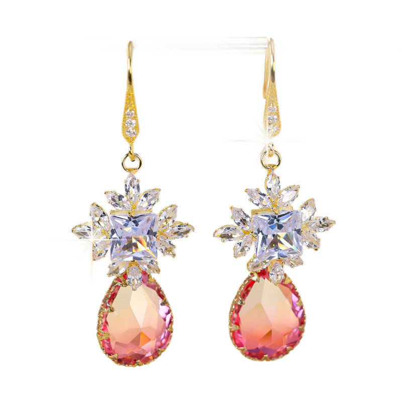 Sweet Water Droplets Drop Earrings For Women In Natural Pink Copper With Zircon Inlay Ear Hook