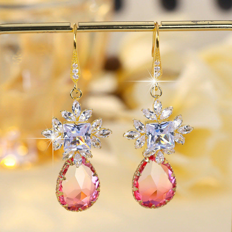Sweet Water Droplets Drop Earrings For Women In Natural Pink Copper With Zircon Inlay Ear Hook