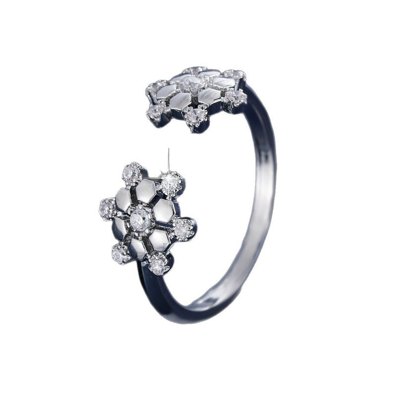 Women’s Snowflake Open Ring In Copper With Zircon Inlay, Gold Finish, Perfect For Daily Wear