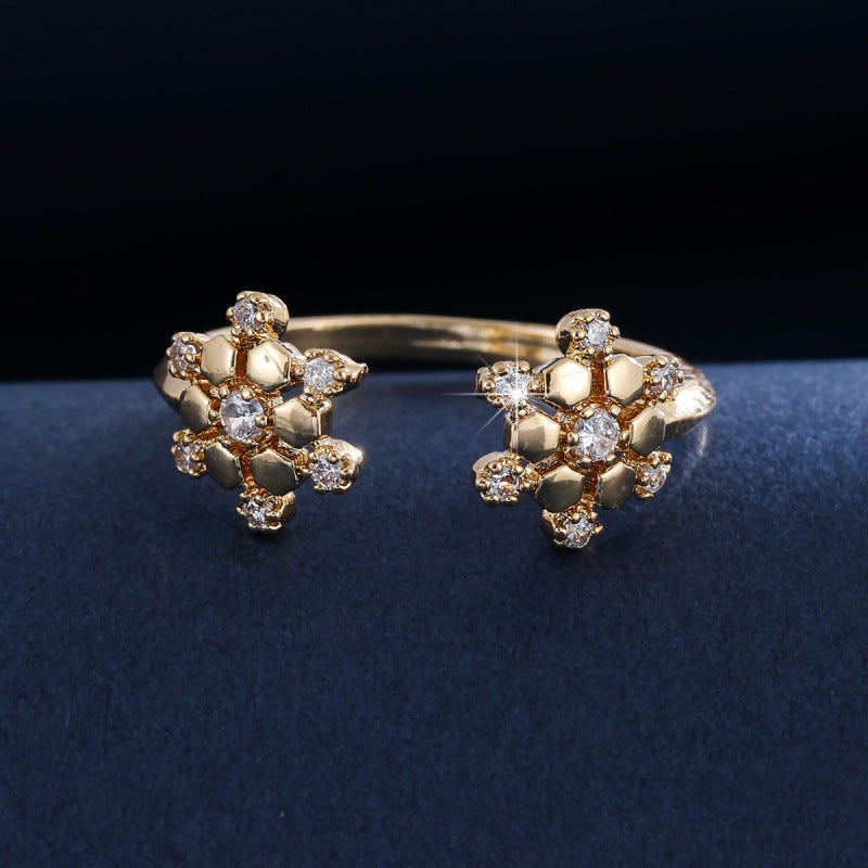 Women’s Snowflake Open Ring In Copper With Zircon Inlay, Gold Finish, Perfect For Daily Wear