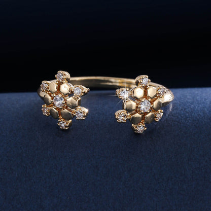 Women’s Snowflake Open Ring In Copper With Zircon Inlay, Gold Finish, Perfect For Daily Wear