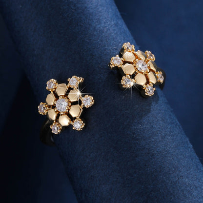 Women’s Snowflake Open Ring In Copper With Zircon Inlay, Gold Finish, Perfect For Daily Wear