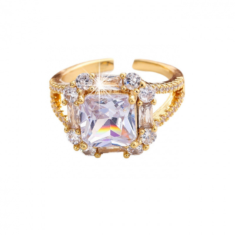 Square Copper Ring For Women With Zircon Inlay In Gold, Perfect For Engagement