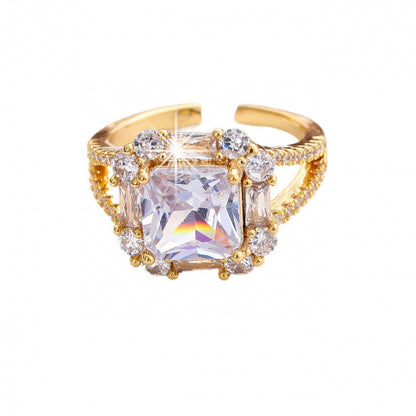 Square Copper Ring For Women With Zircon Inlay In Gold, Perfect For Engagement