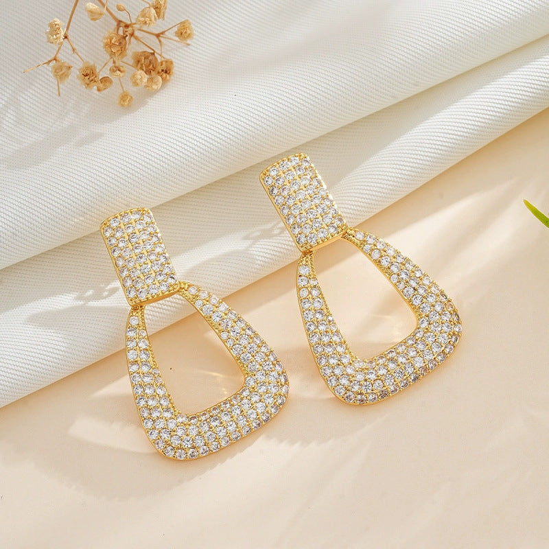 Geometric Stud Earrings For Women In Gold Featuring Copper Ear Pins With Zircon Inlay And Bezel Setting