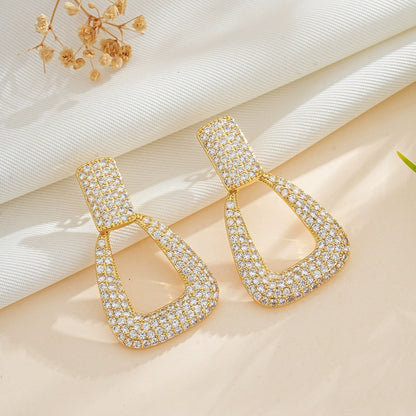 Geometric Stud Earrings For Women In Gold Featuring Copper Ear Pins With Zircon Inlay And Bezel Setting