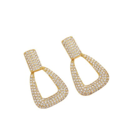 Geometric Stud Earrings For Women In Gold Featuring Copper Ear Pins With Zircon Inlay And Bezel Setting
