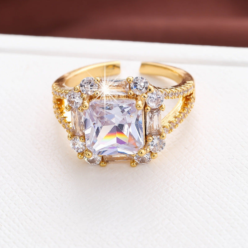 Square Copper Ring For Women With Zircon Inlay In Gold, Perfect For Engagement