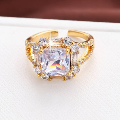 Square Copper Ring For Women With Zircon Inlay In Gold, Perfect For Engagement