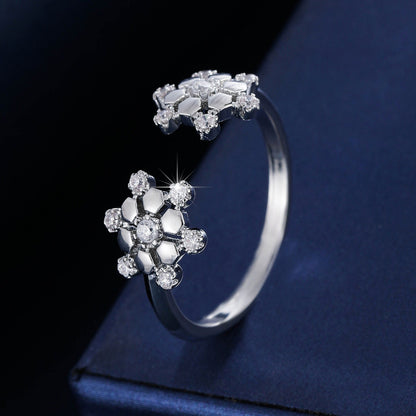 Women’s Snowflake Open Ring In Copper With Zircon Inlay, Gold Finish, Perfect For Daily Wear