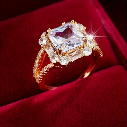 Square Copper Ring For Women With Zircon Inlay In Gold, Perfect For Engagement