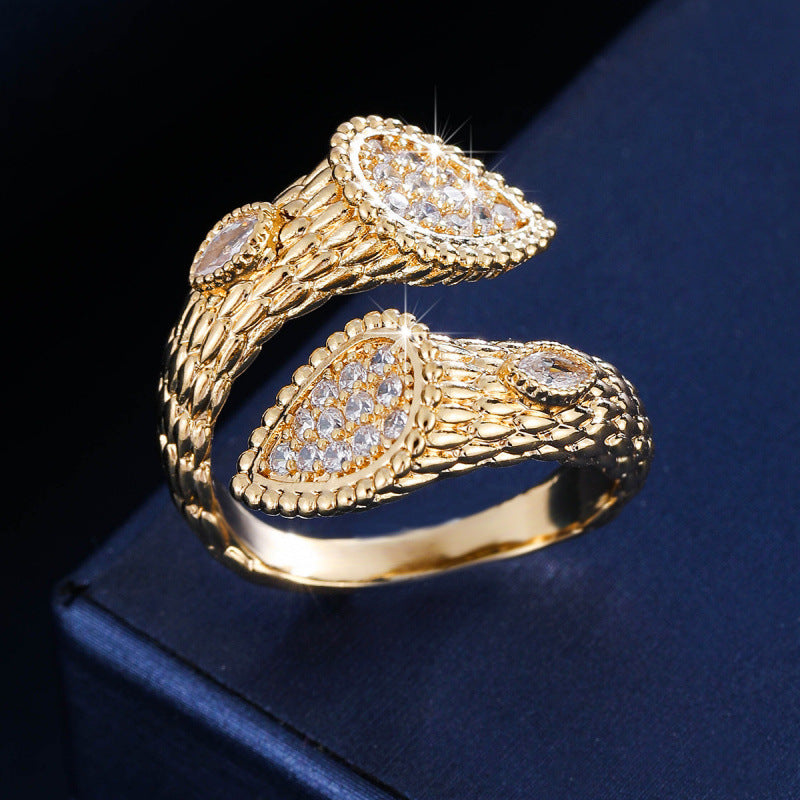 Retro Snake Adjustable Ring For Women In Gold Copper With Zircon Inlay