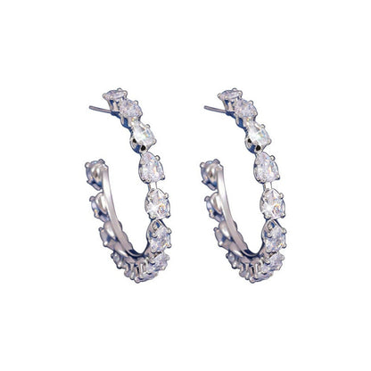 Water Droplets Stud Earrings For Women In Silver With Copper Posts And Zircon Inlay