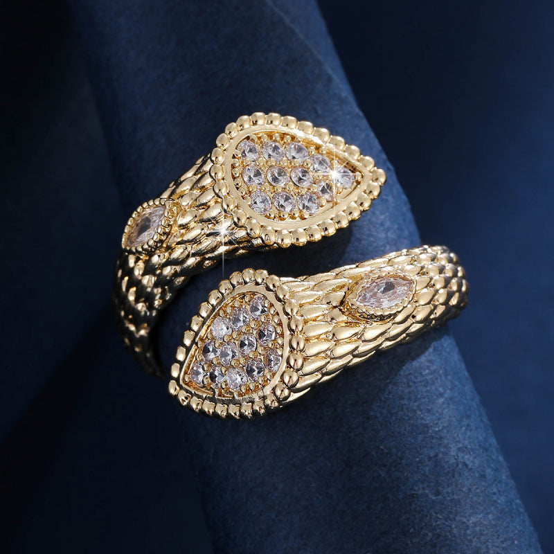 Retro Snake Adjustable Ring For Women In Gold Copper With Zircon Inlay