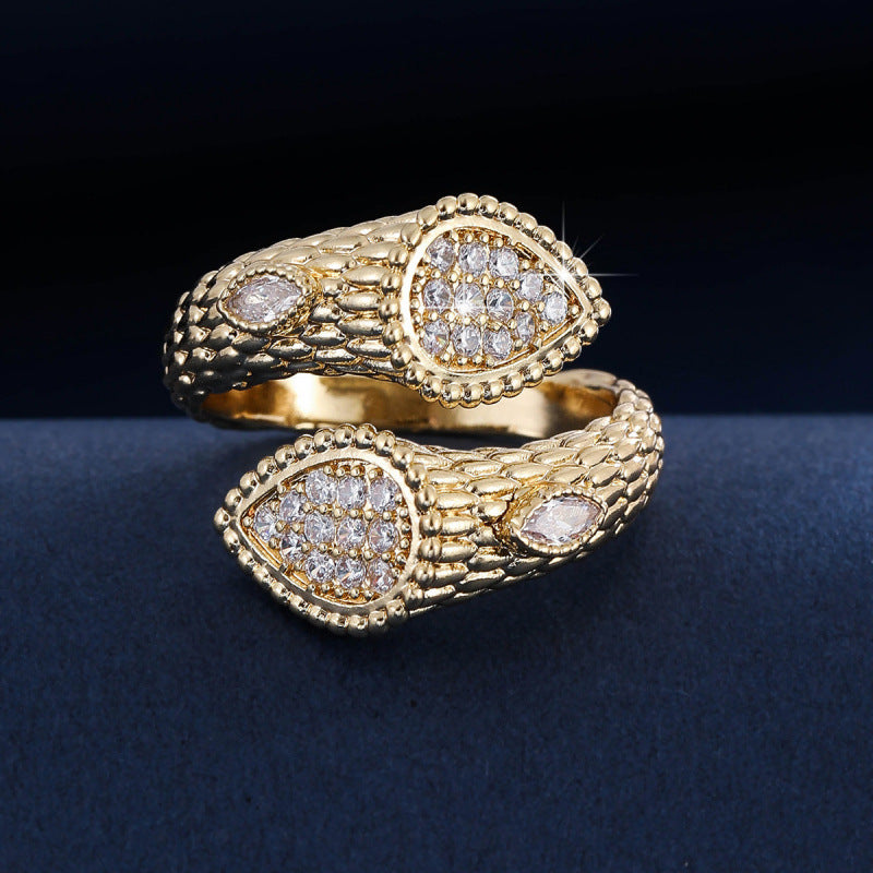 Retro Snake Adjustable Ring For Women In Gold Copper With Zircon Inlay