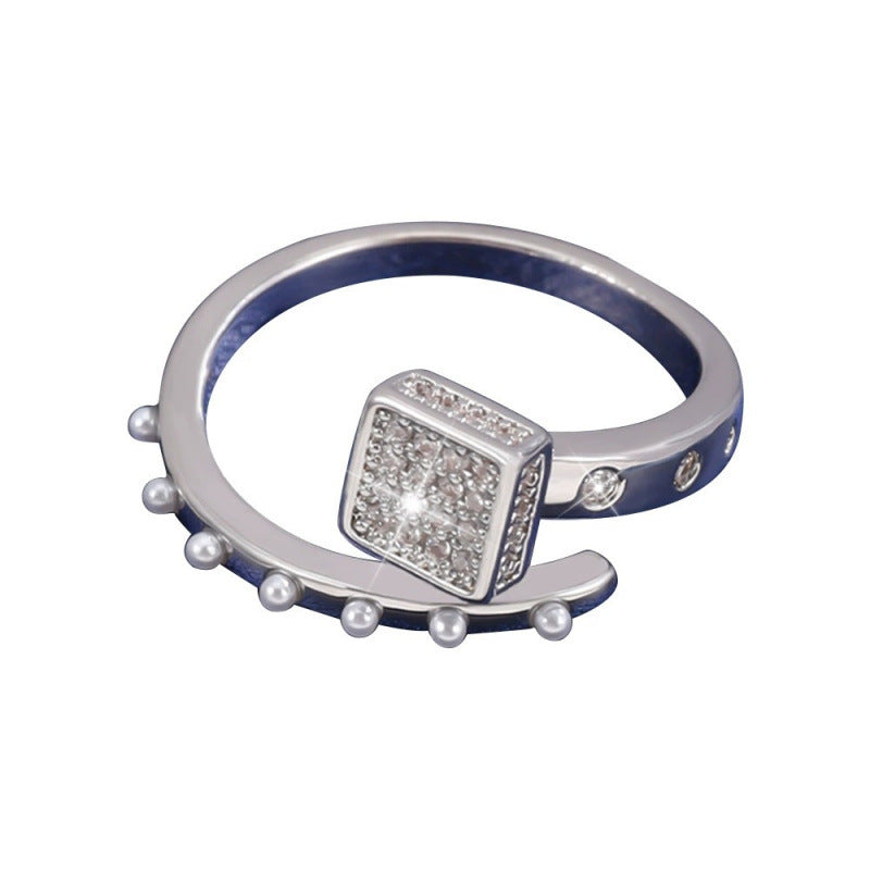 Square Open Ring For Women In Silver, Electroplated Copper Material