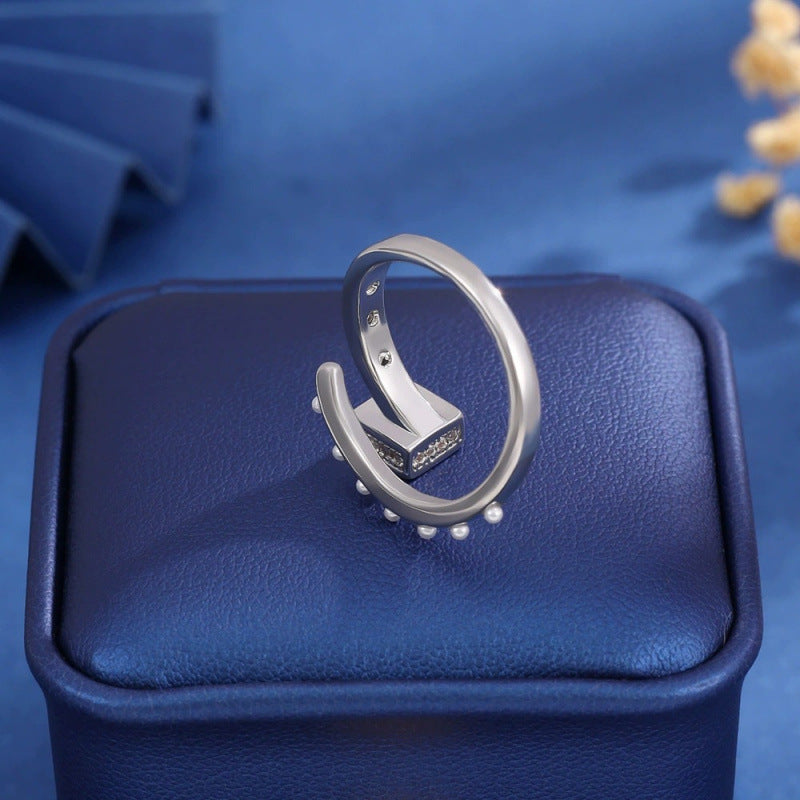 Square Open Ring For Women In Silver, Electroplated Copper Material
