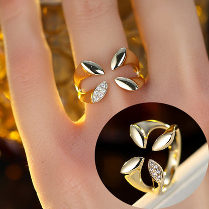 Women’s Open Copper Ring With Zircon Inlay Featuring A Floral Pattern In Gold, Perfect For Spring