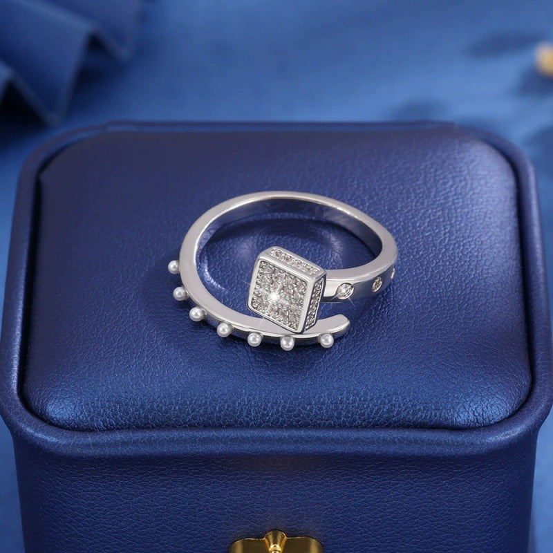 Square Open Ring For Women In Silver, Electroplated Copper Material