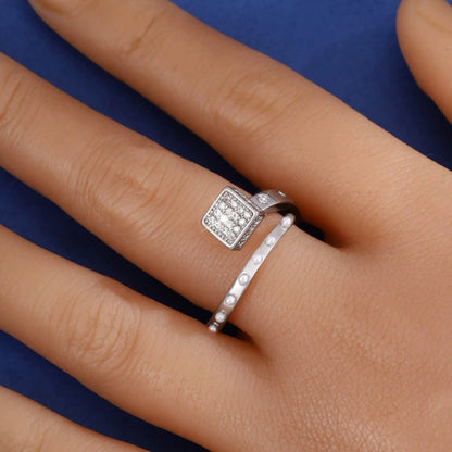 Square Open Ring For Women In Silver, Electroplated Copper Material