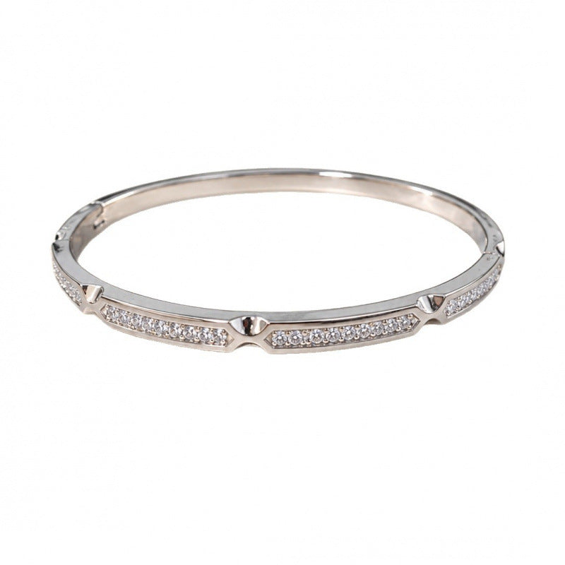 Simple Style Geometric Inlay Bangle For Women, Electroplated Copper With Zircon Inlay