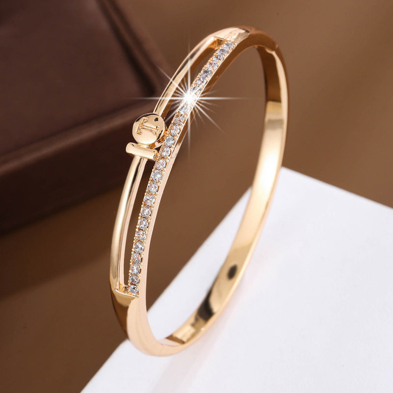 Round Gold Metal Bangle For Women With Zircon Inlay